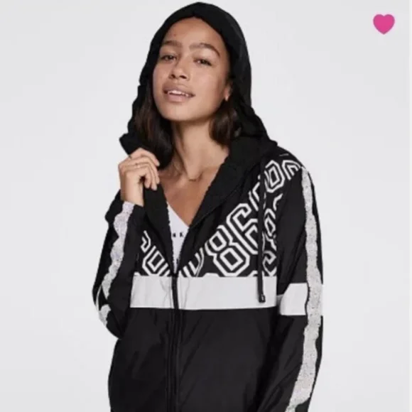 M/L Pink Victoria's Secret Windbreaker Black & White Anorak Jacket Coat - Picture 12 of 12
